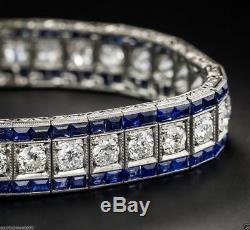 Vintage Art Deco Style Inspired Diamond & Blue Sapphire Line 925 Silver Bracelet