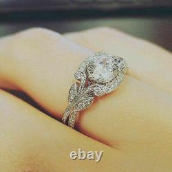 Vintage Art Deco Wedding Engagement Ring 2 Ct Round Diamond 14K White Gold Over