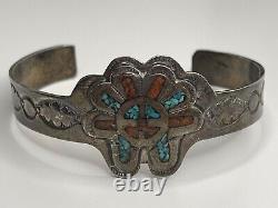 Vintage B Nez Navajo Sterling Silver Inlaid Coral Turquoise Cuff Bracelet