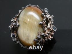 Vintage BRUTALIST Cats Eye Gemstone Sterling Silver 925 RING Size 7