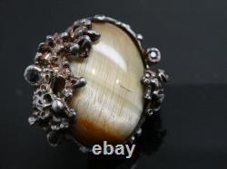 Vintage BRUTALIST Cats Eye Gemstone Sterling Silver 925 RING Size 7
