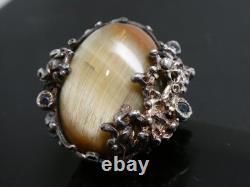 Vintage BRUTALIST Cats Eye Gemstone Sterling Silver 925 RING Size 7