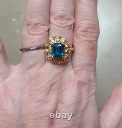 Vintage Blue Topaz Yellow Gold Plated Over 925 Sterling Silver Size 7.5 Ring