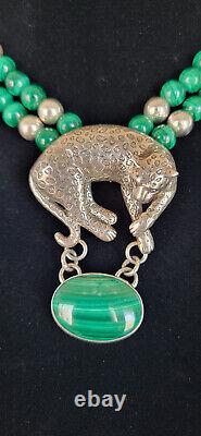 Vintage CAROL FELLEY Cheetah/Leopard Malachite Sterling Silver Necklace 1990's