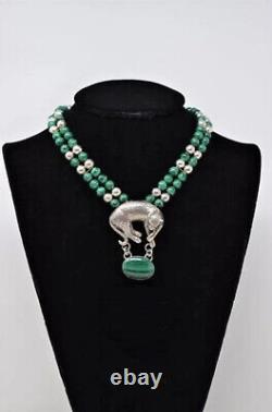 Vintage CAROL FELLEY Cheetah/Leopard Malachite Sterling Silver Necklace 1990's