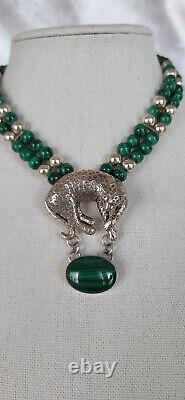 Vintage CAROL FELLEY Cheetah/Leopard Malachite Sterling Silver Necklace 1990's