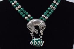 Vintage CAROL FELLEY Cheetah/Leopard Malachite Sterling Silver Necklace 1990's