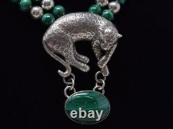 Vintage CAROL FELLEY Cheetah/Leopard Malachite Sterling Silver Necklace 1990's