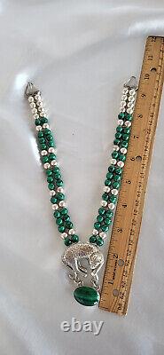 Vintage CAROL FELLEY Cheetah/Leopard Malachite Sterling Silver Necklace 1990's