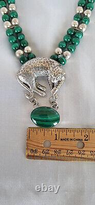 Vintage CAROL FELLEY Cheetah/Leopard Malachite Sterling Silver Necklace 1990's