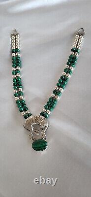 Vintage CAROL FELLEY Cheetah/Leopard Malachite Sterling Silver Necklace 1990's