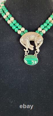 Vintage CAROL FELLEY Cheetah/Leopard Malachite Sterling Silver Necklace 1990's