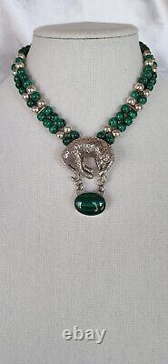 Vintage CAROL FELLEY Cheetah/Leopard Malachite Sterling Silver Necklace 1990's