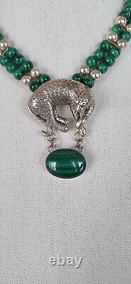 Vintage CAROL FELLEY Cheetah/Leopard Malachite Sterling Silver Necklace 1990's