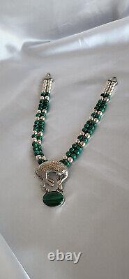 Vintage CAROL FELLEY Cheetah/Leopard Malachite Sterling Silver Necklace 1990's