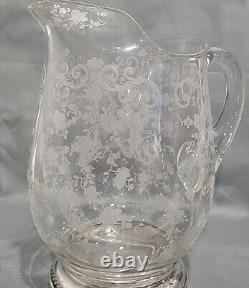 Vintage Cambridge Glass Chantilly Ice Lip Water Pitcher Sterling Silver Base