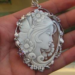 Vintage Carnelian Shell Cameo woman's profie Pendant Sterling Silver Frame Italy