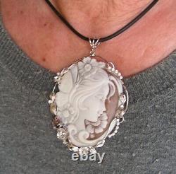 Vintage Carnelian Shell Cameo woman's profie Pendant Sterling Silver Frame Italy
