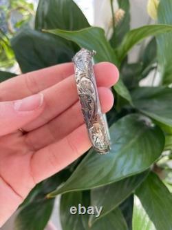 Vintage Chinese Sterling Silver Light Green Jade Bangle Bracelet