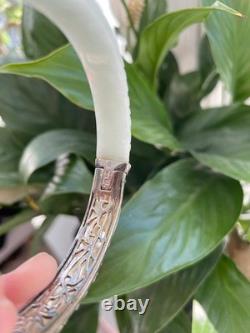 Vintage Chinese Sterling Silver Light Green Jade Bangle Bracelet