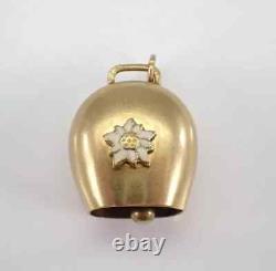 Vintage Cow Bell Charm Enamel FlowePendant 14K Yellow Gold Plated 18 Free Chain