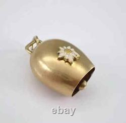 Vintage Cow Bell Charm Enamel FlowePendant 14K Yellow Gold Plated 18 Free Chain