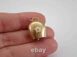 Vintage Cow Bell Charm Enamel FlowePendant 14K Yellow Gold Plated 18 Free Chain