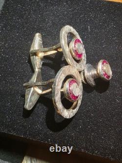Vintage Da Vinci Red rubie Stone Gold Over Sterling Silver Cufflinks