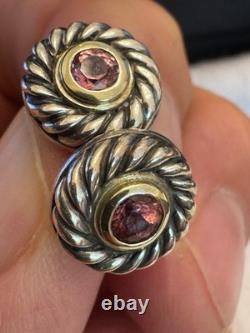 Vintage David Yurman Sterling Silver, 14K gold, Pink Topaz Cable Studs with box