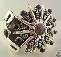 Vintage Design Taxco Mexican 925 Sterling Silver Amethyst Cuff Bracelet Mexico