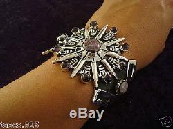 Vintage Design Taxco Mexican 925 Sterling Silver Amethyst Cuff Bracelet Mexico