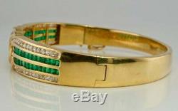 Vintage Diamond & Green Emerald Bracelet 14K Yellow Gold Over 7.5 Bangle