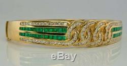 Vintage Diamond & Green Emerald Bracelet 14K Yellow Gold Over 7.5 Bangle