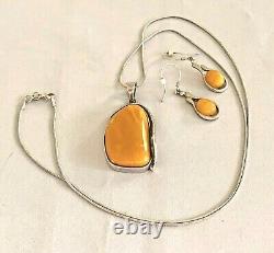 Vintage Egg Yolk Baltic Amber Sterling Silver 925 Pendant & Earrings Free Chain