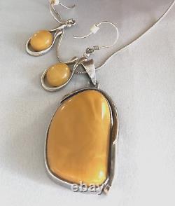 Vintage Egg Yolk Baltic Amber Sterling Silver 925 Pendant & Earrings Free Chain