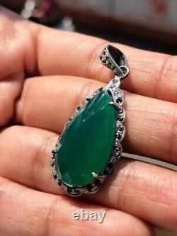 Vintage Emerald Pear Pendant 925 Sterling Silver Antique Deco Jewellery