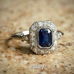 Vintage Engagement Wedding Ring 14k White Gold Finish Sapphire & Diamond 1.30ct