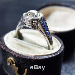 Vintage Engagement Wedding Ring 14k White Gold Over 2Ct Round Diamond & Sapphire