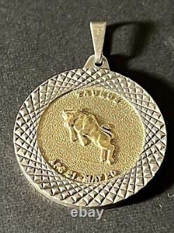 Vintage England MAde Sterling Silver & 14k Gold TAURUS Horoscope Round Pendant