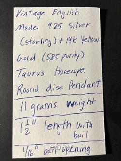 Vintage England MAde Sterling Silver & 14k Gold TAURUS Horoscope Round Pendant
