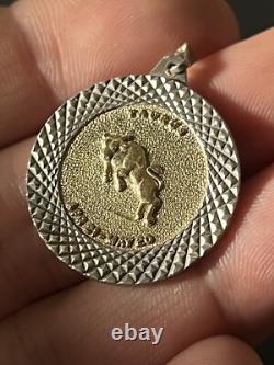 Vintage England MAde Sterling Silver & 14k Gold TAURUS Horoscope Round Pendant