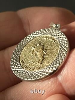 Vintage England MAde Sterling Silver & 14k Gold TAURUS Horoscope Round Pendant