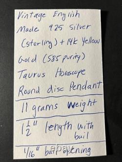 Vintage England MAde Sterling Silver & 14k Gold TAURUS Horoscope Round Pendant