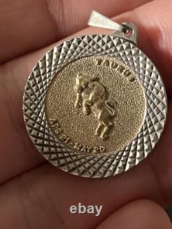 Vintage England MAde Sterling Silver & 14k Gold TAURUS Horoscope Round Pendant