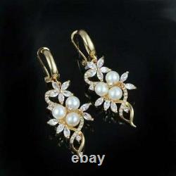 Vintage & Estate Pearl & Diamond 14K Yellow Gold Finish Omega Back Drop Earrings