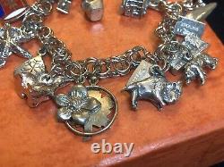 Vintage Estate Sterling Silver Charm Bracelet Loaded! 16 Charms 3-d 45 Grams