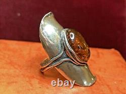 Vintage Estate Sterling Silver Genuine Amber Ring Finger Ring Israel Signed