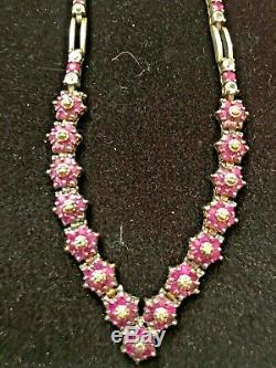 Vintage Estate Sterling Silver Natural Ruby & White Sapphire & Diamond Necklace