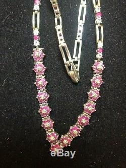 Vintage Estate Sterling Silver Natural Ruby & White Sapphire & Diamond Necklace