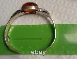 Vintage Fine Sterling Silver Honey Amber Cuff Bracelet Size Large